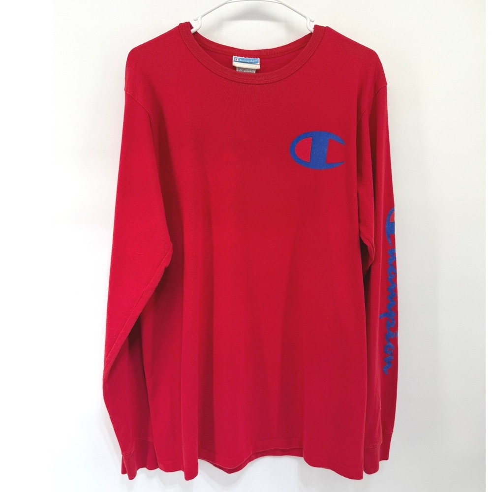 Champion Red Long Sleeve Graphic T-Shirt Big Logo Spellout Cotton Men Large VTG